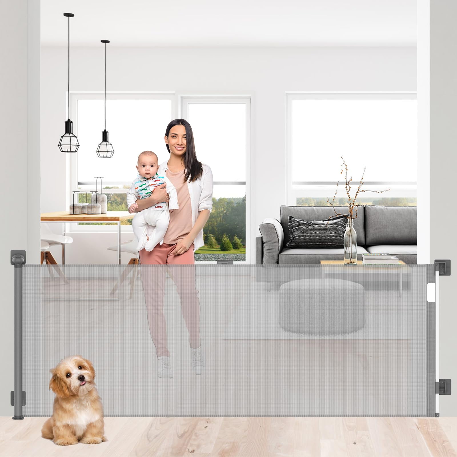 Sunnycome Retractable Baby Gate,Mesh Dog Gate,126" Wide Extends up to 33"Tall,Child Safety Gate for Doorways,Stairs,Hallways,Indoor Outdoor Gray