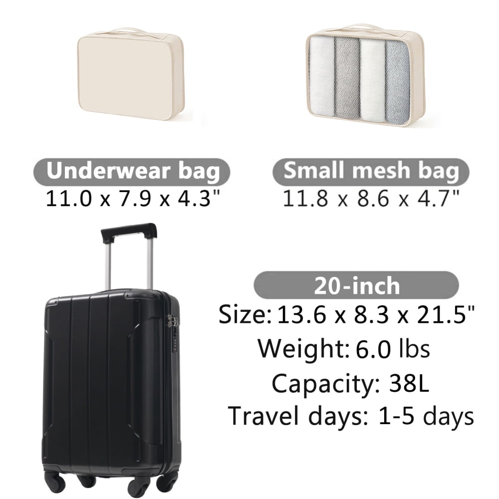 20-Inch Hardshell Carry-On Luggage, Lightweight ABS Suitcase with Spinner Wheels, TSA Lock & Packing Cubes