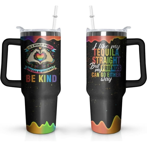 Rainbow Pride Flag Tumbler, LGBTQ Awareness Month Gifts, Retro Be Kind Travel Mug, Gay Pride Cups Lesbian Gifts for Women Men, 40 Oz Stainless Steel Tumbler With Handle & Straw