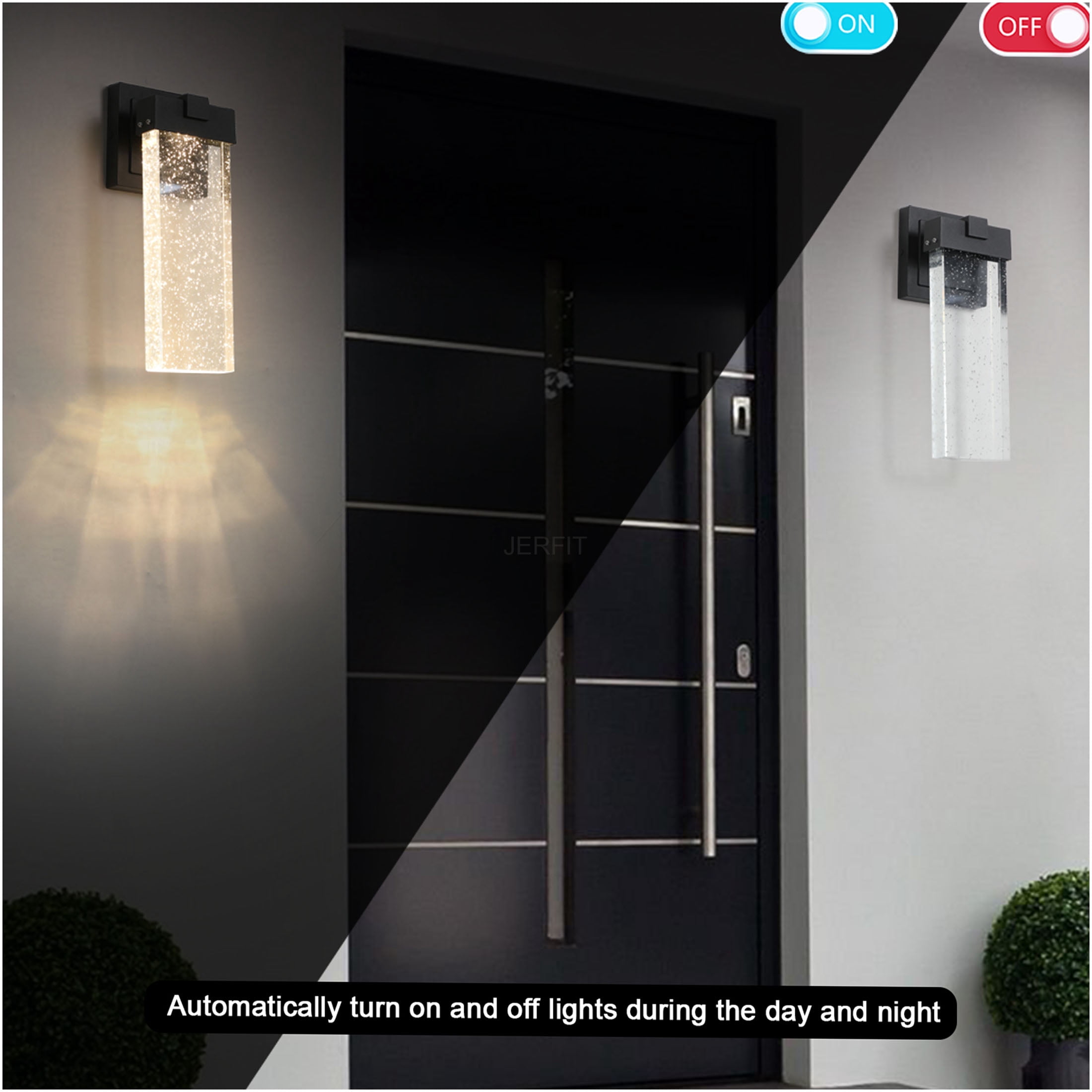 JERFIT Modern Outdoor Wall Lantern with Crystal Glass, 2-Pack Black LED Sconce Light with Dusk to Dawn Sensor, Waterproof for Porch Garage Entryway
