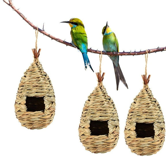 3 Pack Hummingbird Houses for Outside Hanging, Natural Grass Hanging Bird Hut, Hand Woven Hummingbird Nest, Large Wren Finch Bird House for Garden Window Outdoor Home Decoration