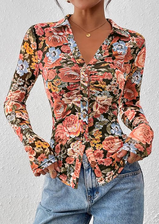 Prettygarden Women's Floral Button-Down Ruched Blouse photo 5