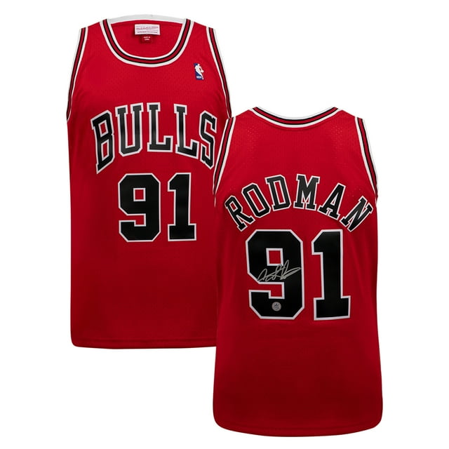 Dennis Rodman Autographed Chicago Basketball Throwback Jersey in bold red with black and white trim. The front features 'Bulls' and the number '91,' while the back displays 'Rodman' and '91' with a hand-signed autograph. Ideal for sports memorabilia collectors, this professionally sewn jersey includes an AJ Sports certificate of authenticity and hologram.