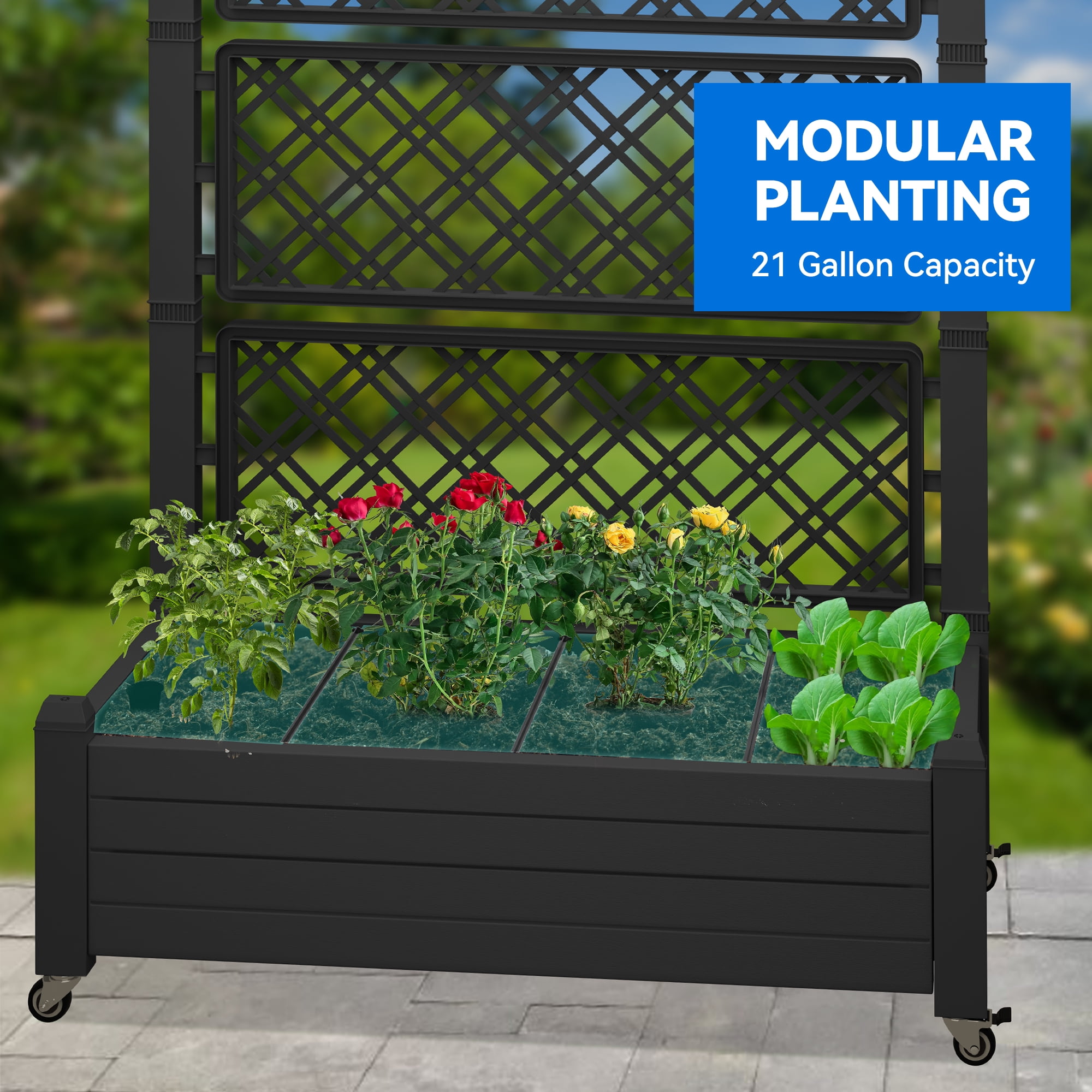 Dextrus 61'' Large Planter Box; Outdoor Raised Garden Bed with Trellis and Lockable Wheels,Ideal for Vines and Climbing Plants,with Drain Plug,43.3"L x 17.7"W x 61"H -Black