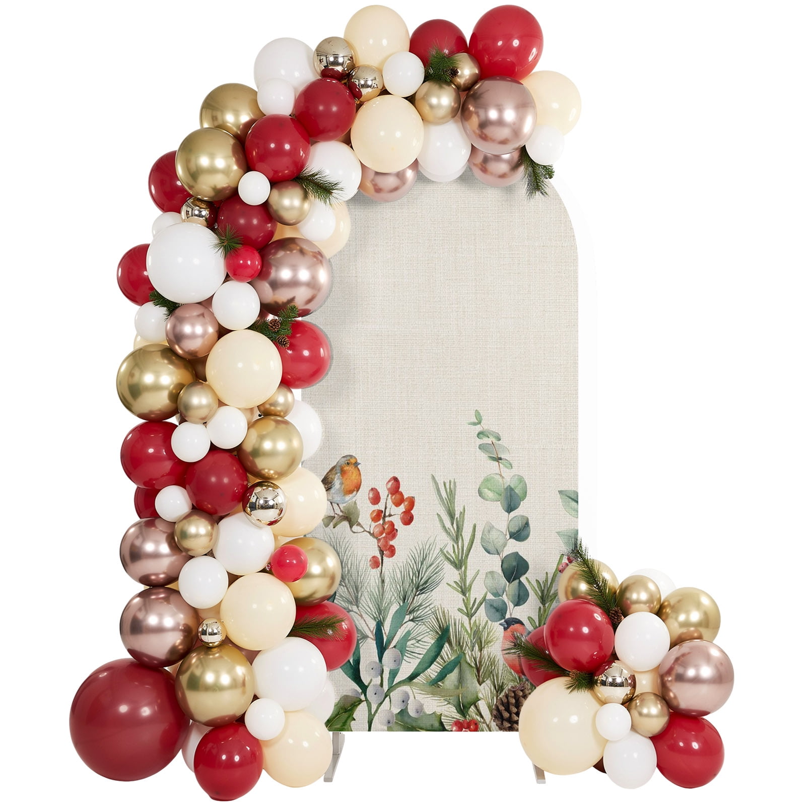 6.6ft Arch Backdrop Cover Christmas Bird Leaf Berry Arch Stand Cover Spandex Fitted Backdrop Covers Winter Botanical on Retro Linen Wedding Birthday Bridal Shower Party Background Decoration