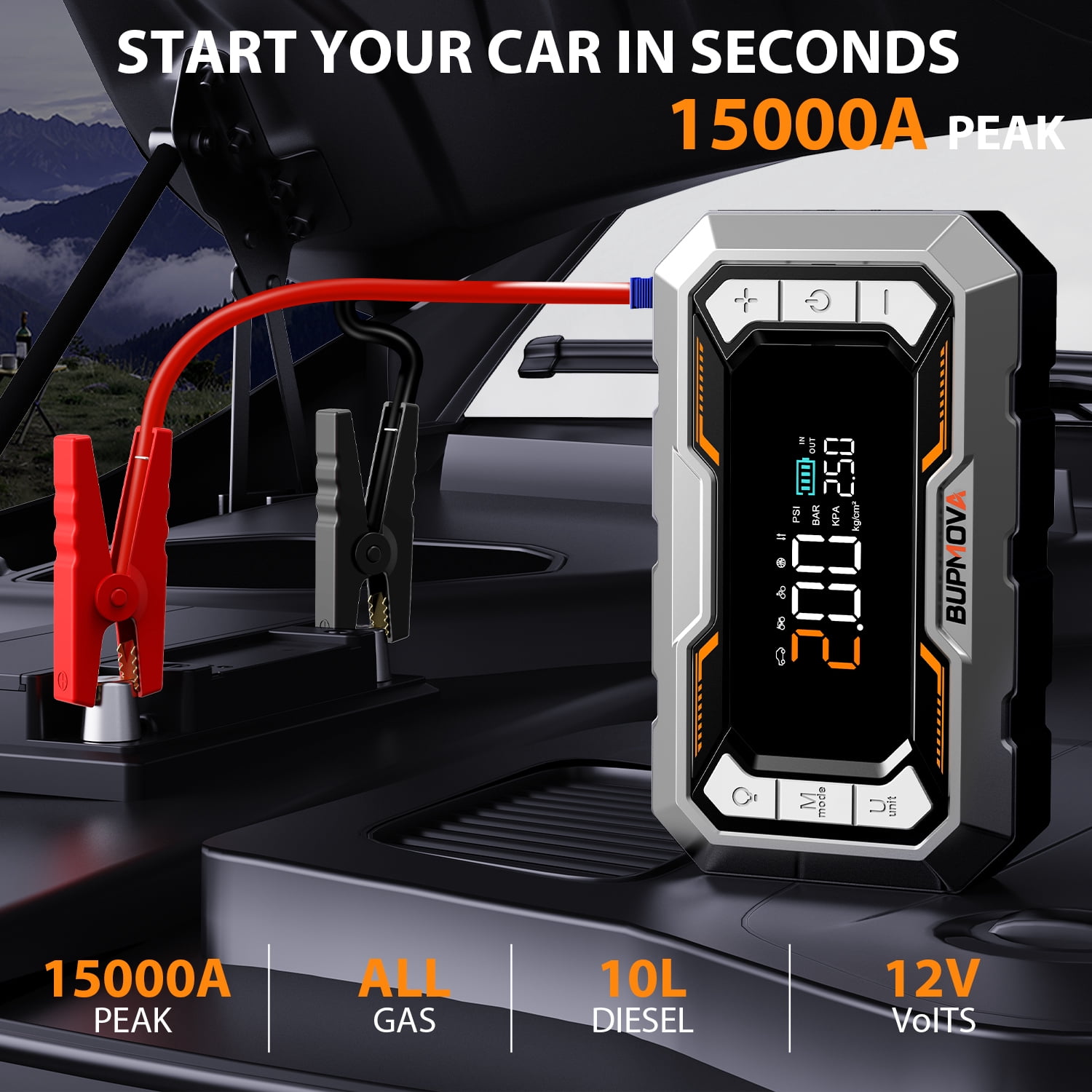 BUPMOVA 12-in-1 Jump Starter with Air Compressor, 15000A, 150 PSI, Portable Car Battery Jump Box, Jump pack Power Bank (All Gas/10.0 L Diesel) with Jumper Cables, LED Light & LCD Display, Force Start