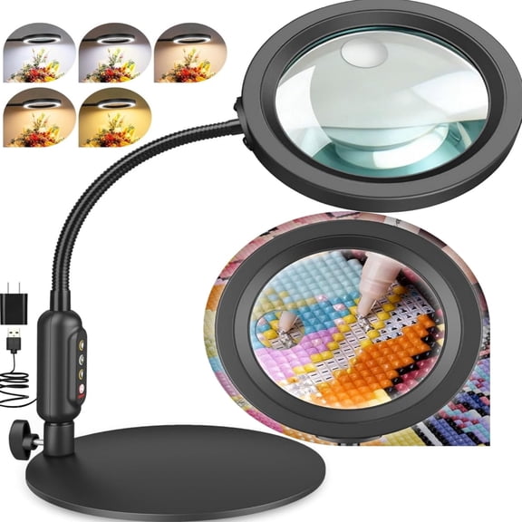 Magnifying Glass with Light and Stand, 5 Color Modes Stepless Dimmable, Optical Grade HD Lens, LED Lighted Magnifier Hands Free with Flexible Gooseneck for Close Work, Craft, Hobby, Painting