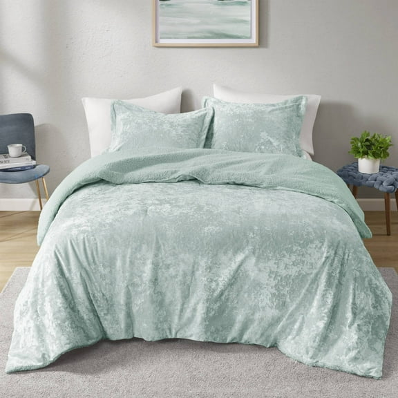 Witaxima Reversible Crushed Velvet Sherpa Comforter Set, Full/Queen Size, 3-Piece Aqua Bedding with Hypoallergenic Fill
