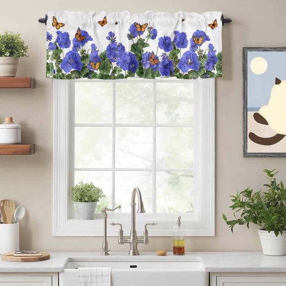 Valance Curtains for Windows Watercolor Blue Geranium Kitchen Curtians Window Treatment Spring Floral Green Leaf Topper Curtain Rod Pocket Valances for Kitchen Bathroom Living Room 42x12in