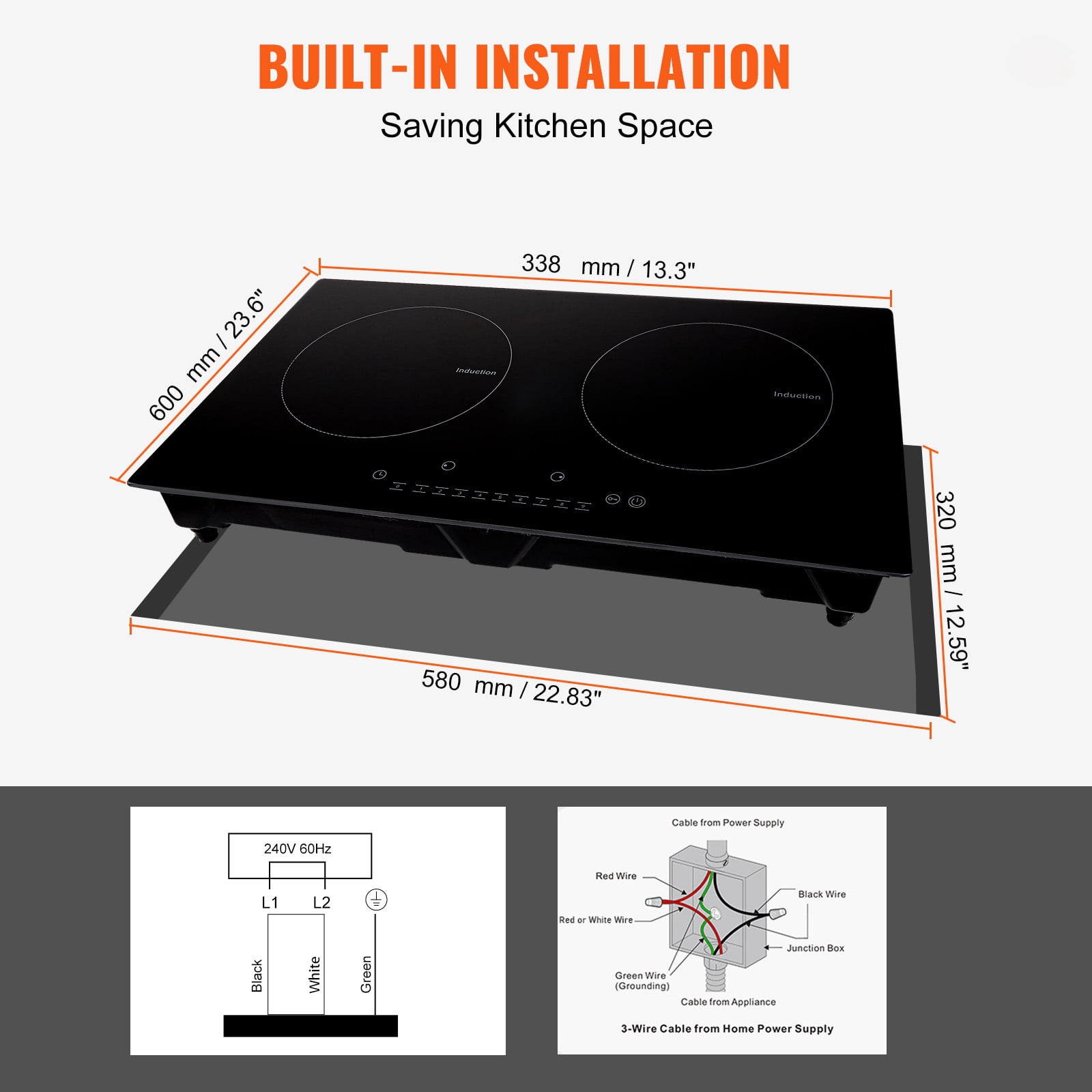 KFFKFF Electric Range, Dual Burners, 24'' Induction Cooking Surface, Integrated Magnetic Stove 1800W, 9 Heat Settings, Multifunctional Heating Elements, LED Touch Control, Safety Lock & Heat Guard