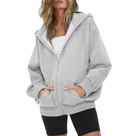 ZHOUCHANKIDS American Retro Women's Hoodie Women's Zip Up Hoodies Oversized Sweatshirt for Teen Girls Casual Drawstring Jacket with Pockets for Grey M