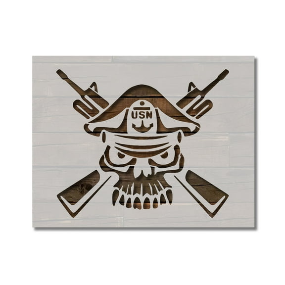 USN Skull Bones Rifles Stencil Template Reusable 8.5 x 11 for Painting on Walls, Wood, Etc. By Stencilville