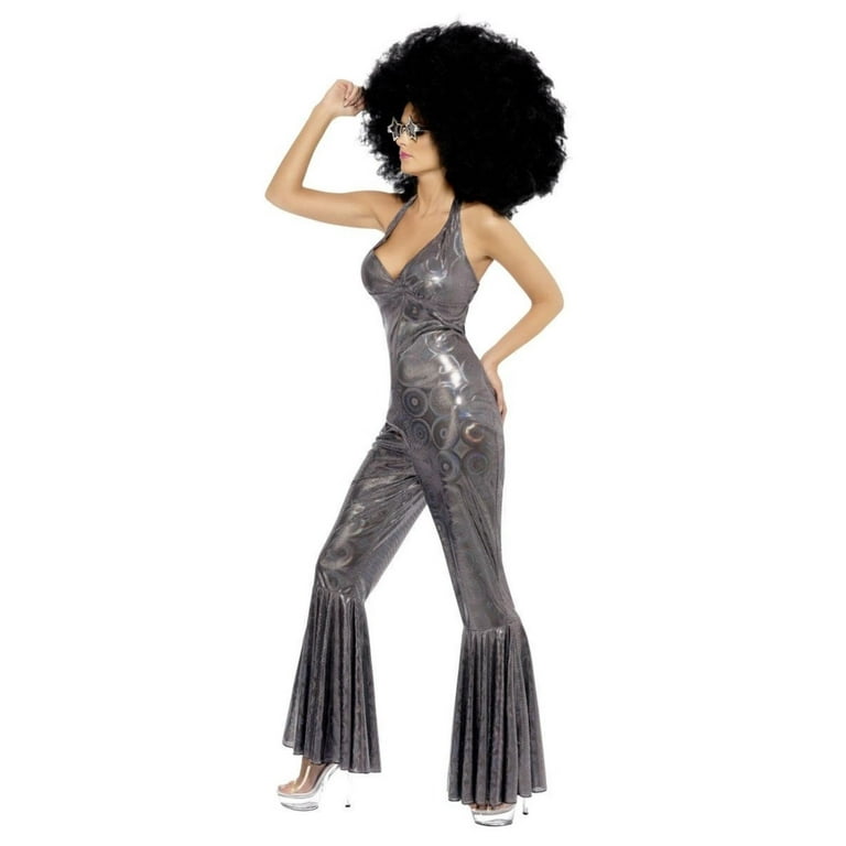1970s Disco Diva Costume Adult Silver Jumpsuit 1970s Disco Diva Costume Adult Silver Jumpsuit
