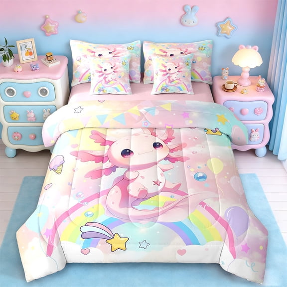 Erosebridal Cartoon Animal Axolotl Bedding Twin Size,Rainbow Stars Print Bed Set,Dreamy Colorful Bedding Sets Twin Size,Super Cozy Room Decorative Reversible,7pcs