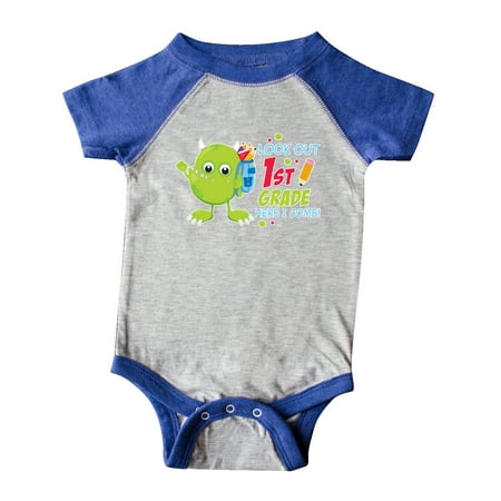 

Inktastic Look out 1st Grade Here I Come with Cute Green Monster Gift Baby Boy or Baby Girl Bodysuit