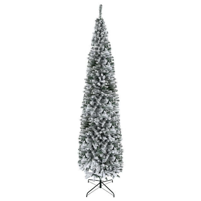 9ft Flocked Green Pencil Christmas Tree with Realistic Tips | Slim Holiday Decor for Living Room & Entryway | Steel Stand Included