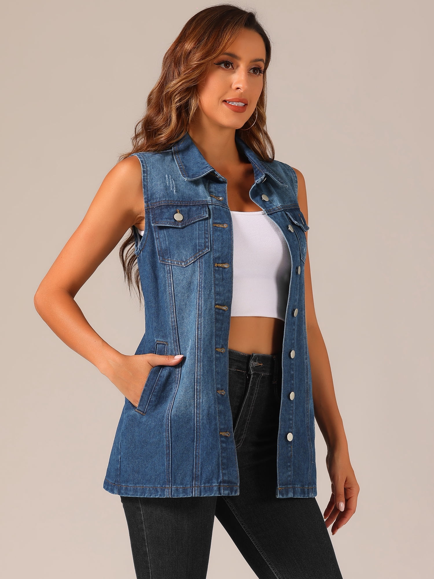 DARING DIVA Women's Button Down Sleeveless Pockets Mid-Long Denim Vest XS Dark Blue