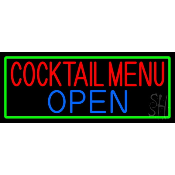 Cocktail Menu Open With Green Border LED Neon Sign 13 x 32 - inches, Clear Edge Cut Acrylic Backing, with Dimmer - Bright and Premium built indoor LED Neon Sign for Bar decor.