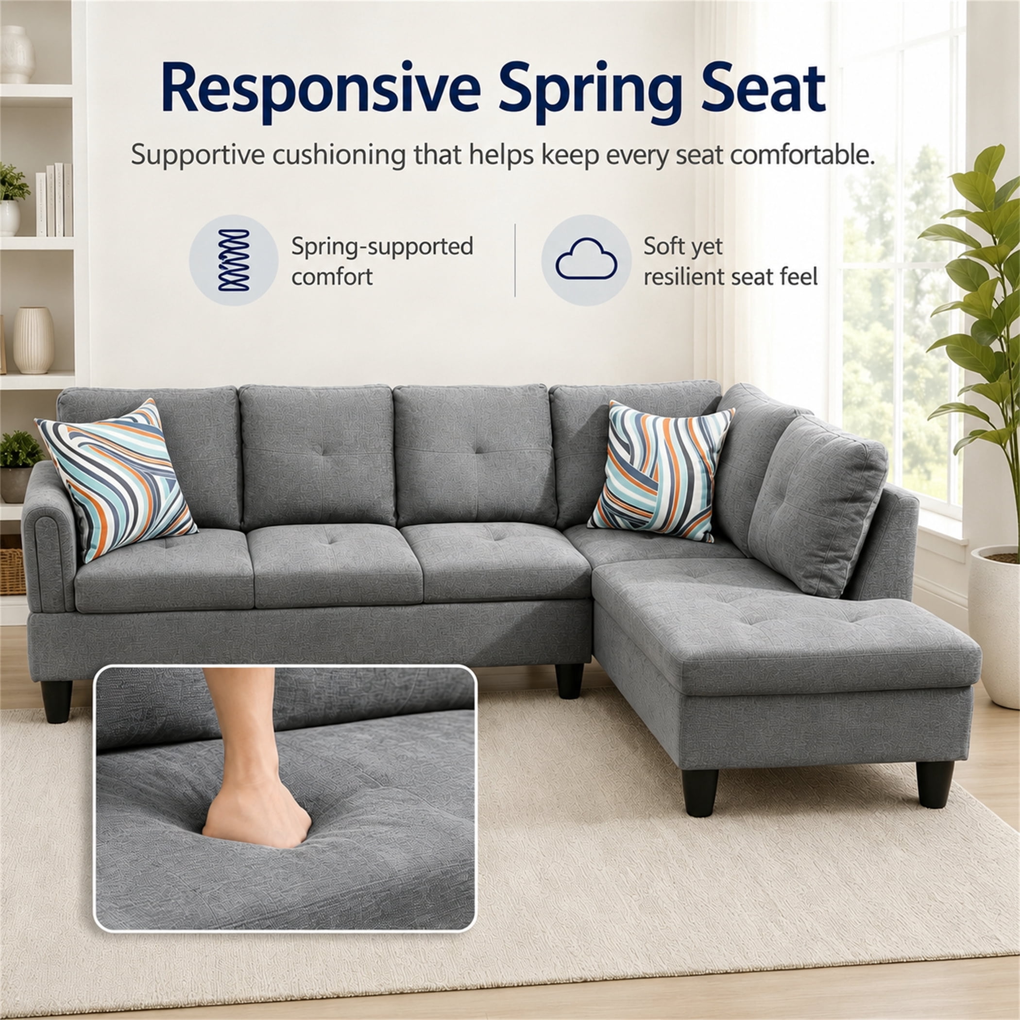 Aukfa 97" Classic Sectional Sofa 4 Seat L shape Couch with Oversized Right Chaise for Living Room, 2Pillows, Linen, Gray