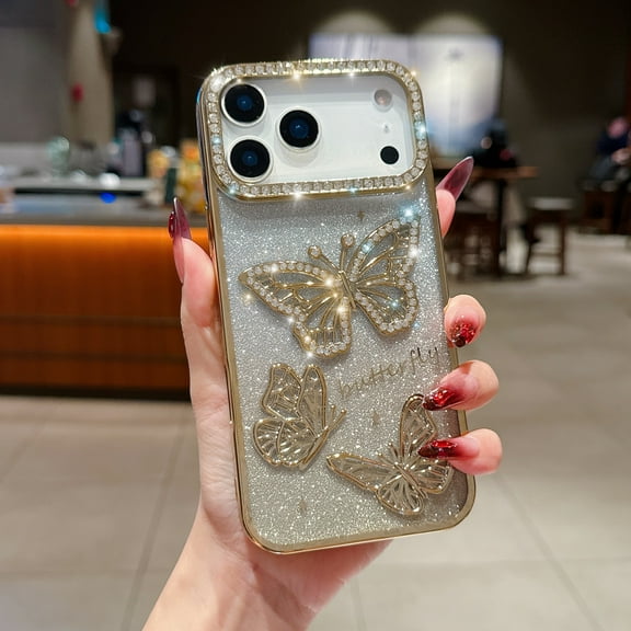 For iPhone 17 Phone Case,Luxury Bling Gradient Glitter Back,Cute 3D Diamond Butterfly Pattern Plating Bling Case,Sparkly Diamond Camera Protection,Rugged Shockproof Phone Case,Gold