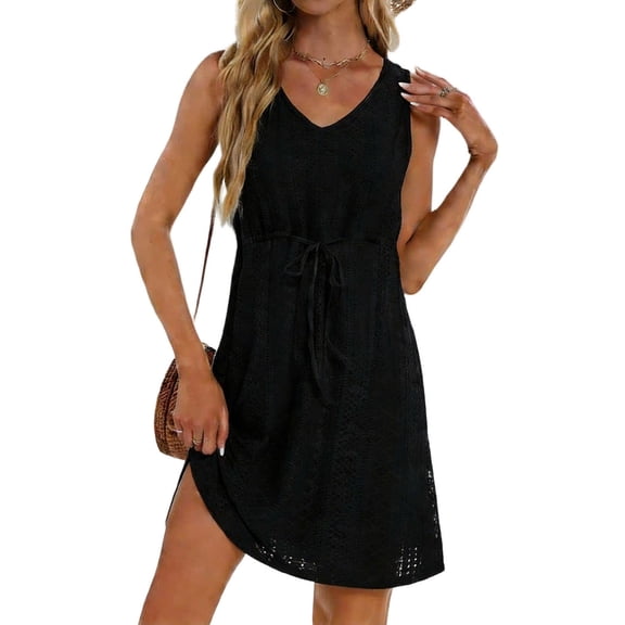 cocolona Womens Summer Hollowed-Out Dress V Neck Sleeveless Drawstring Mini Dress Fashion Solid Color Vacation Beach Sundress
