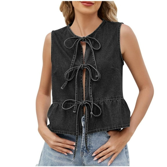 Staron Summer Denim Vest for Women Casual Bow Tie Front Sleeveless V-Neck Tank Top Blouse, Black L