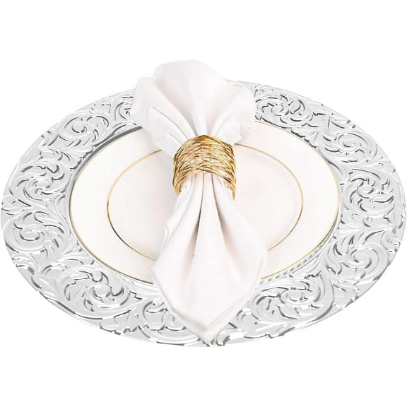 Antique Charger Plates Set, Plastic Embossed Dinner Chargers Round Floral Dessert Plates, for Dinner Kitchen and Party Decoration(100PCS Silver)