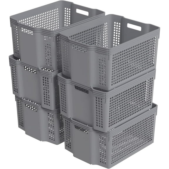 Zopnny 6-Pack Stackable Plastic Woven Basket Organizer, Large Stacking Storage Basket Bin, Grey
