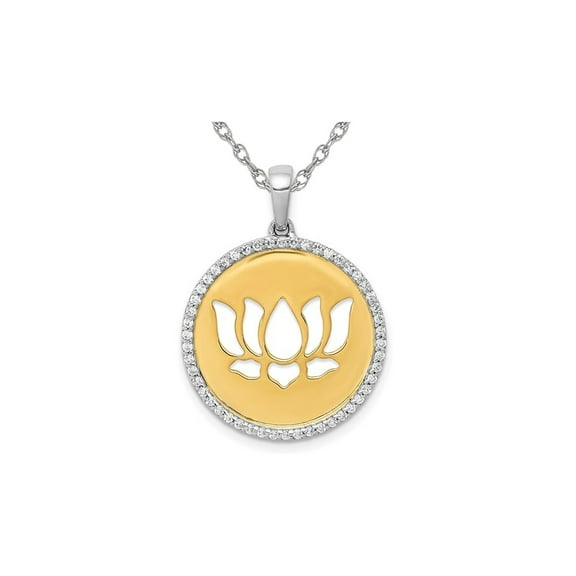 14K Yellow & White Gold Lotus Flower Charm Pendant Necklace with Diamonds and Chain for Women