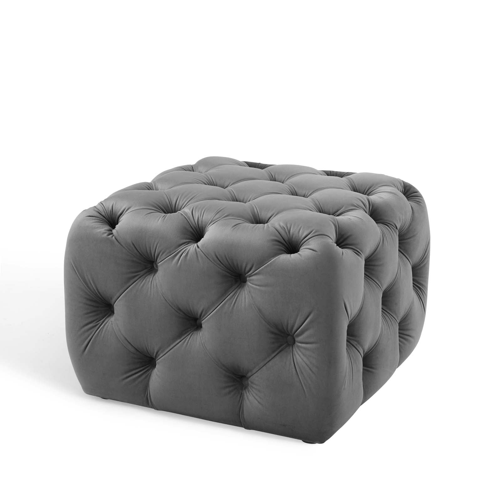 Tufted Accent Chair Ottoman, Square, Velvet, Grey Gray, Modern
