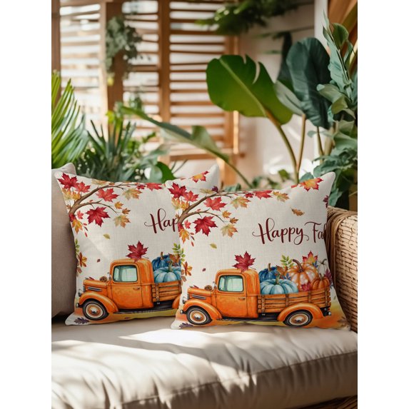 Outdoor Pillows Waterproof, Happy Fall Bedding Throw Pillows with Insert for Couch Sofa Bed, Orange Truck Maple Branch Thanksgiving Rustic 16x16 Inch Pillowcases Decorative Patio Pillow Set of 2