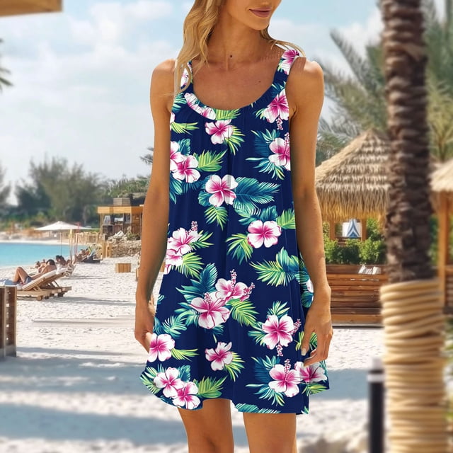 Mceream Robes d'Été Décontractées Sans Manches à Fleurs pour Femmes, Col Rond, Robe T-Shirt Ample Plissée devant, Robe de Plage Vacances Printemps 2026 Vert Armée TTG
