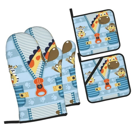 

Balery Giraffe Come Out From Zipper Pattern Oven Mitts and Pot Holders 4 pcs Set Kitchen Oven Glove High Heat Resistant 500℉ Oven Mitts with Non-Slip Silicone Surface