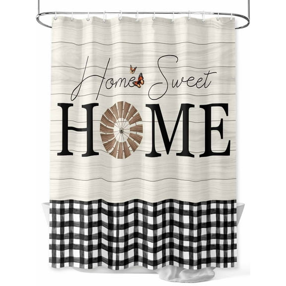 Fsddascl Home Windmill Black Plaid Shower Curtain Set - 54" x 78" Washable Bathtub Curtain with 12 Hooks, Beige Wooden Farmhouse Waterproof Fabric Stall Shower Curtains for Bathroom/Bathtub Décor
