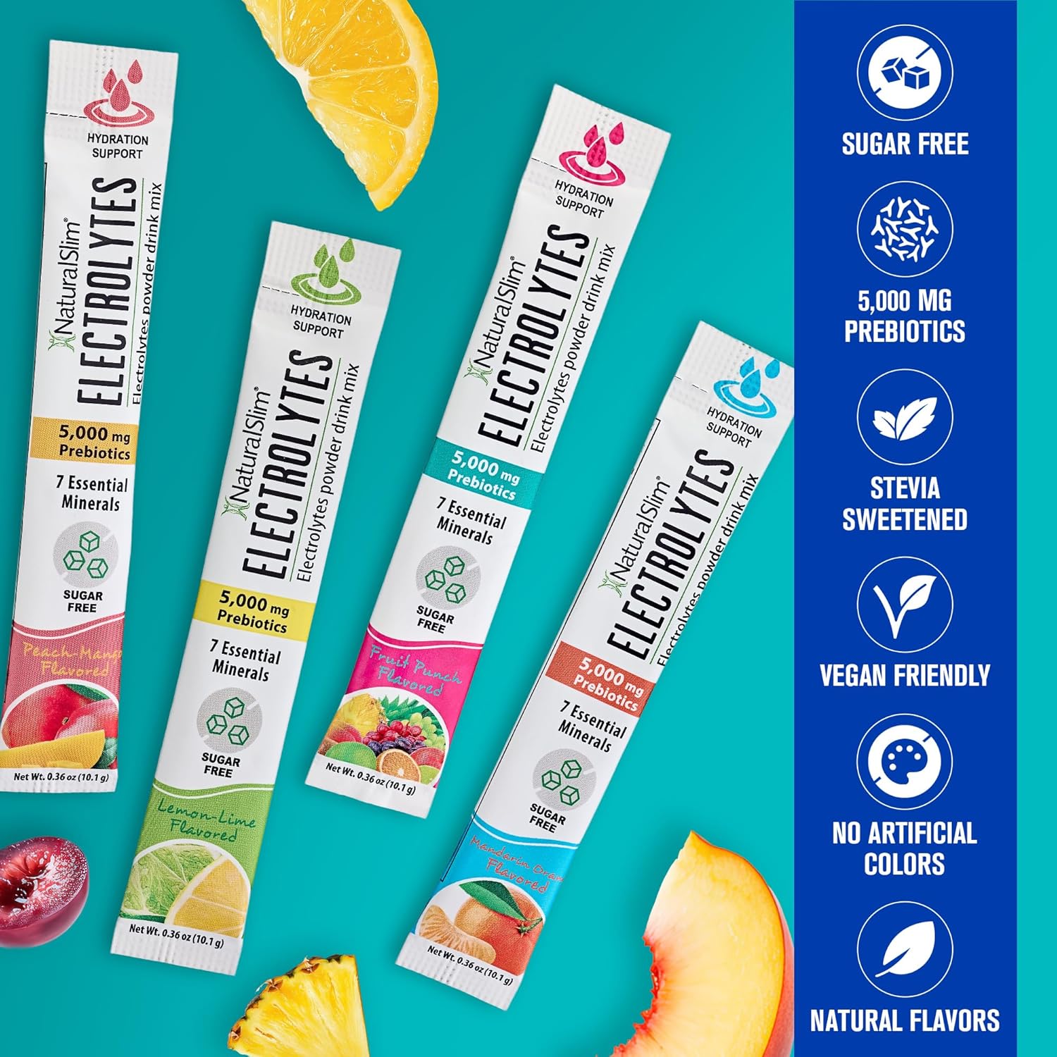 NaturalSlim Electrolytes Powder, Sugar-Free Hydration & Energy Drink Mix with Prebiotics, Variety Pack, 16 Stick Packs (5.7 oz)