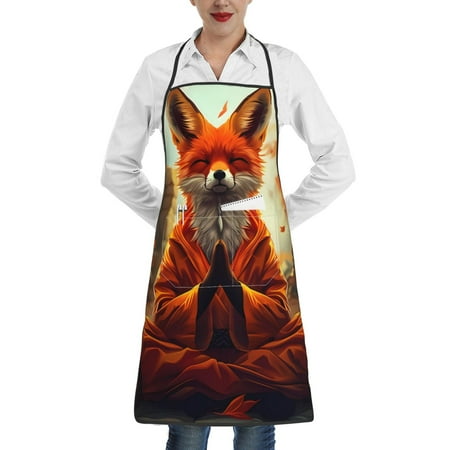 

Rocae Maple Leaf Meditating Fox for Kitchen Aprons for Women Adjustable Cooking Kitchen Chef Apron for Men with Pockets