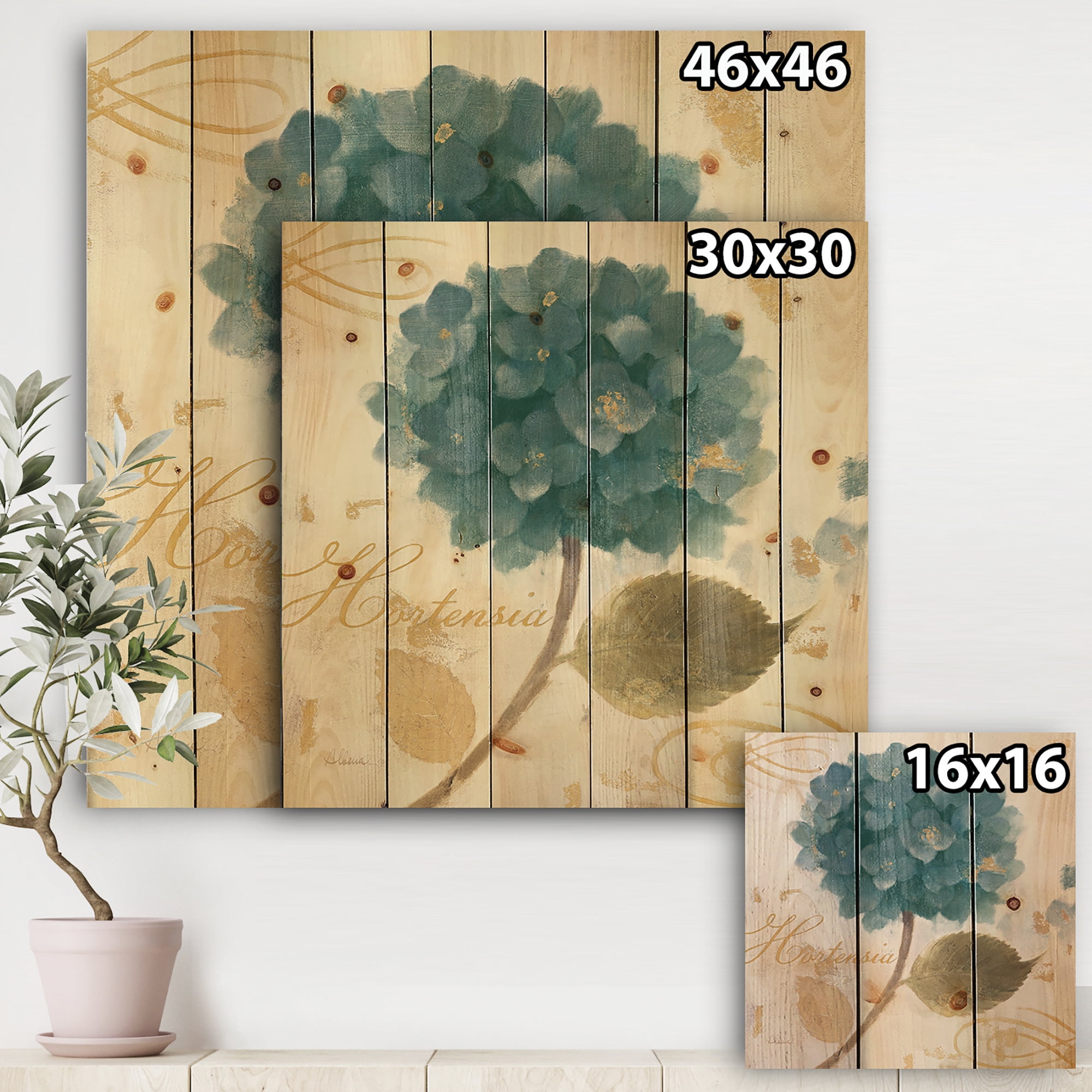 Designart 'Abstract Blue Cottage Flower Hydrangea I' Farmhouse Print on Natural Pine Wood