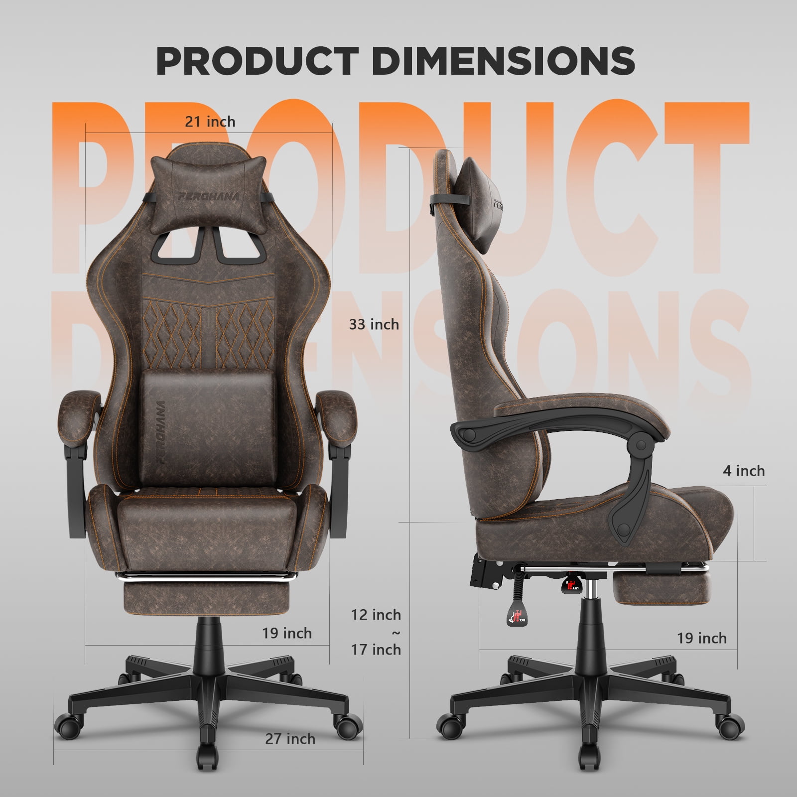 Luxvie Gaming Chair with Footrest Computer Ergonomic Office Chair with Massage Lumbar Support & Headrest, High Back Vintage Game Chair for Adults and Kids, Brown
