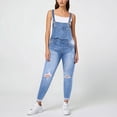 thumbnail image 2 of QHFBli Womens Juniors Denim Stretch Overalls Adjustable Strap Ripped Distressed Jumpsuit Skinny Fit Jeans Pants, 2 of 6