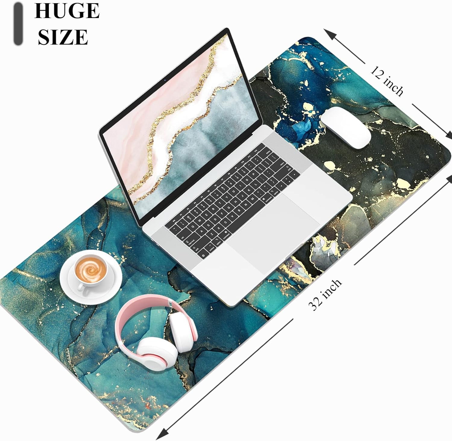 Desk Mat, 32" x 12" XXL Extended Large Gaming Mouse Pad, Desktop Decor Desk Pad, Cute Men Women Office Supplies and Accessories, XL Mouse Mat for Laptop & Keyboard, Teal Marble