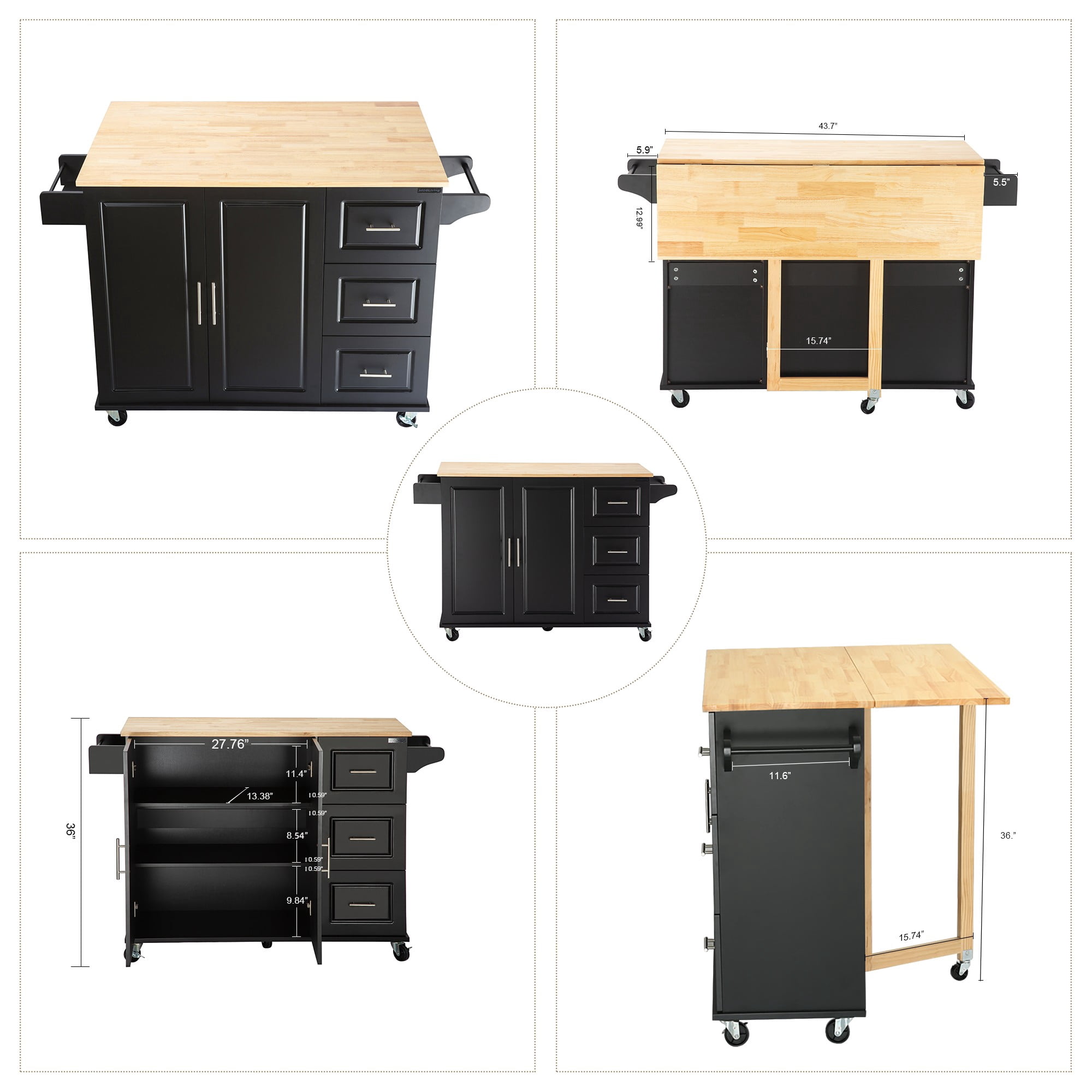 Kitchen Island Cart with Rubber Wood Top, Black