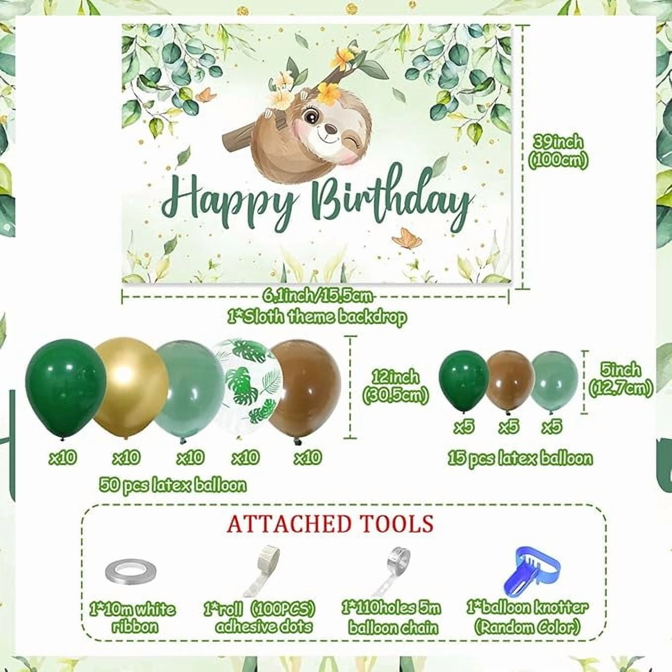 73Pcs Sloth Theme Birthday Decorations, Sloth Happy Birthday Backdrop Green Brown Balloon Arch Kit for Kids Tropical Jungle Animal Themed 1st/2nd/3rd/4th Birthday Supplies