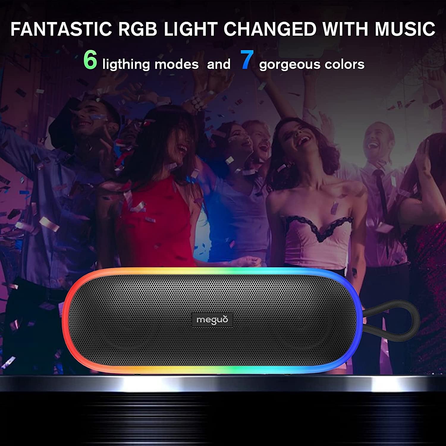 MEGUO Portable Bluetooth Speaker,Wireless Speakers with 20W Loud Stereo Sound & Bass+,IPX7 Waterproof,LED Light,24H Playtime,TWS for Outdoor Travel,Home Party,Pool,Beach,Hiking, Camping
