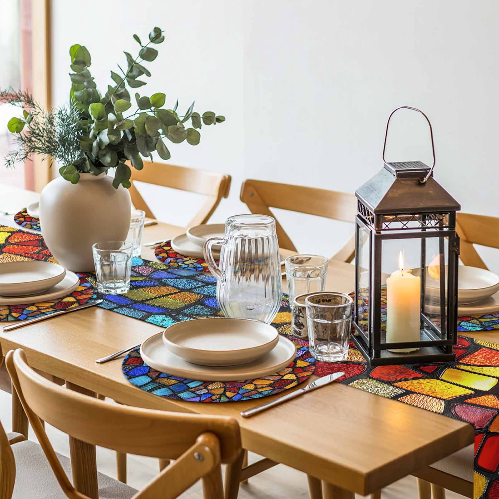 Blue Red Yellow Round 15 Inch Placemats Set of 8, Modern Colored Rainbow Stained Glass HeatResistant Non Slip Place Mats for Dining Table, Wipeable Braided Kitchen Table Mats for Housewarming