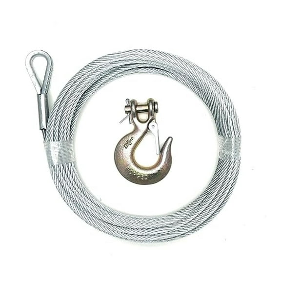 3/16", 7x19, Galvanized Steel Winch Cable (50 Ft with 1/4" Clevis Slip Hook)