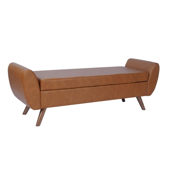 Faux Leather Brown HomePop Modern Storage Bench with Wood Legs |Homepop