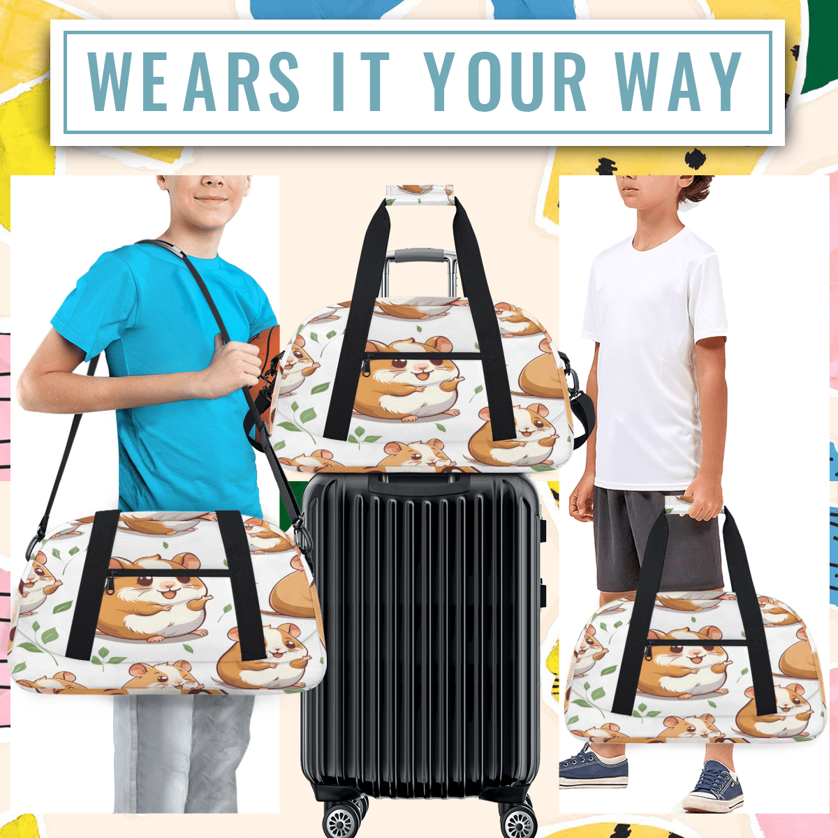 Herdesigns Cute Sports Duffle Bag for Women & Men, Cute Hamster Gym Bag Dance Bag Overnight Bag Carry On Weekender Travel Bag