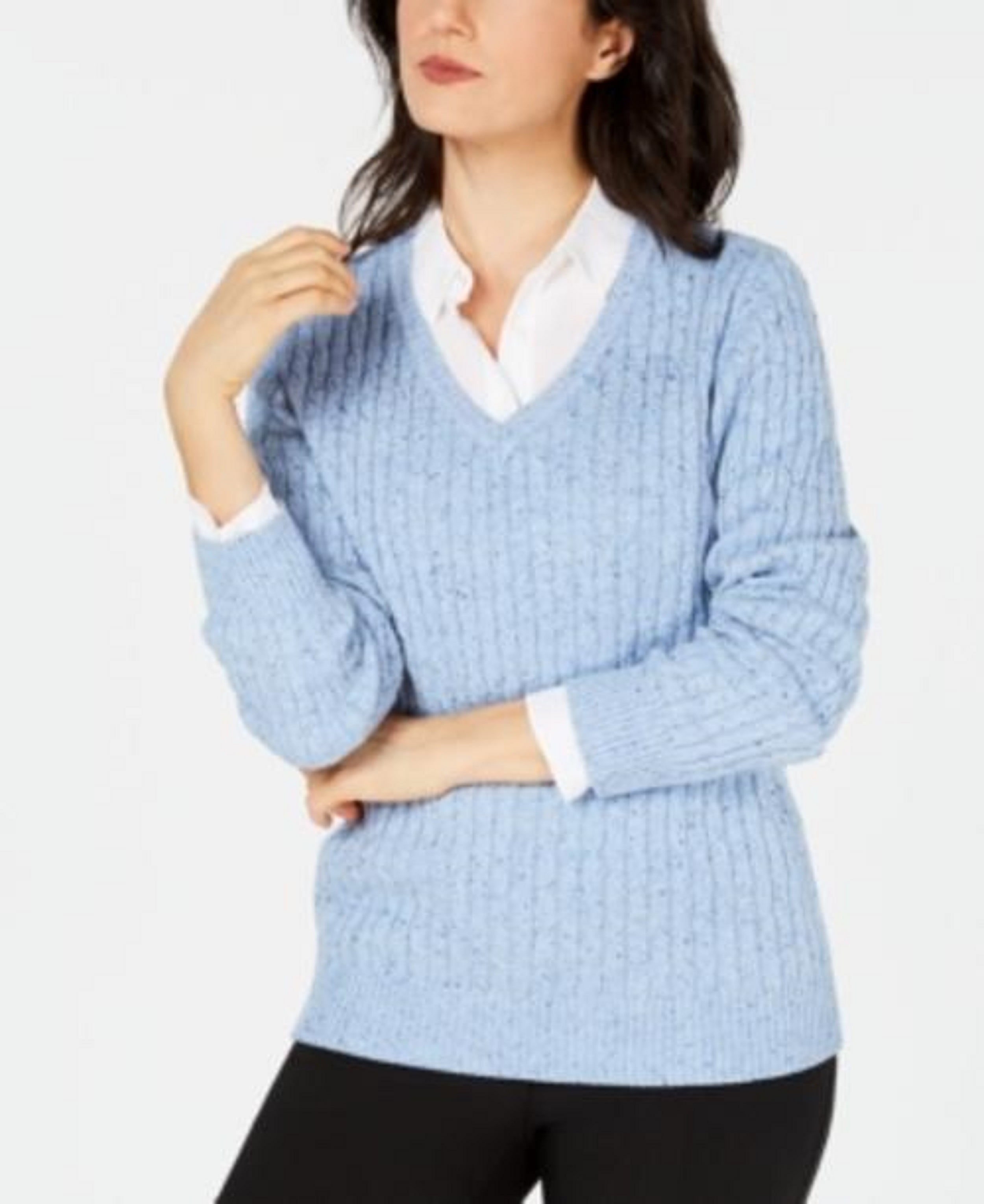 Karen Scott Karen Scott Women's Petite CableKnit VNeck Sweater Blue