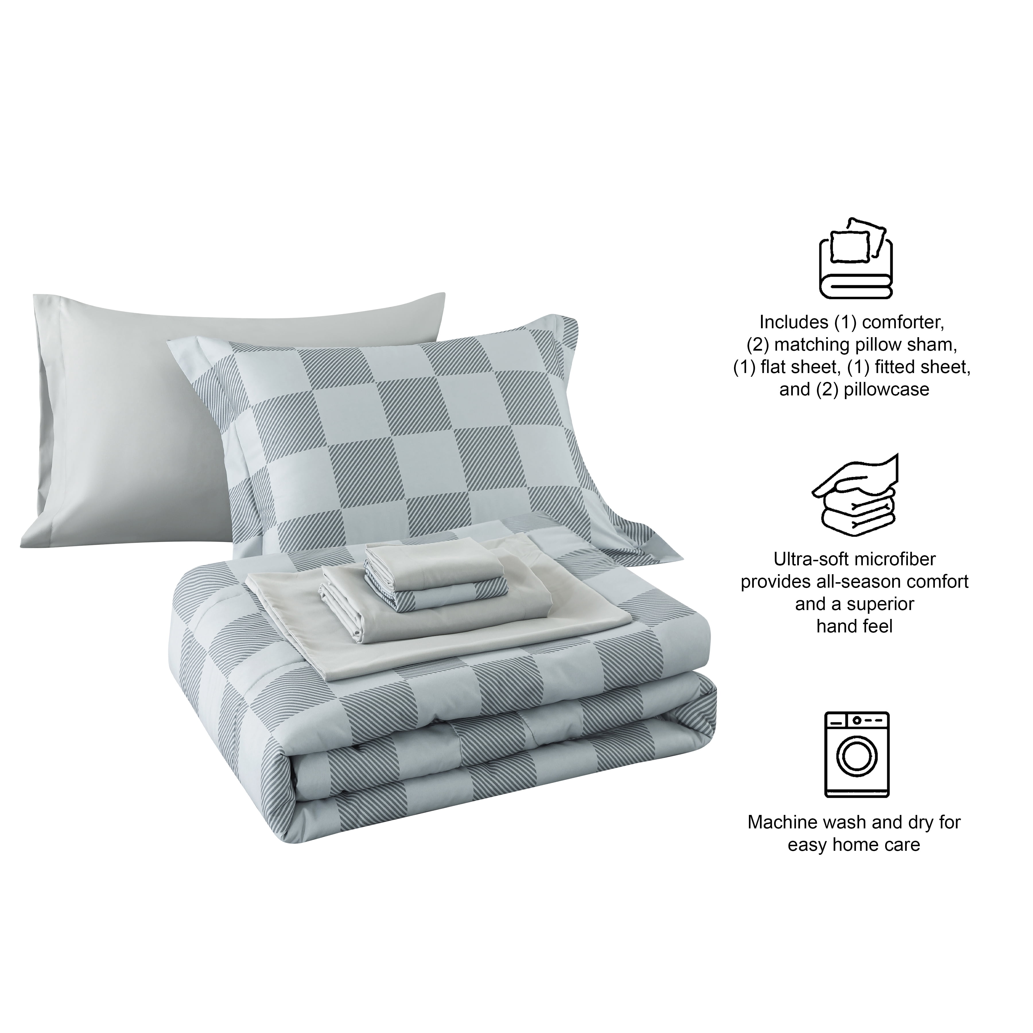 Mainstays 7 Piece Reversible Bed in a Bag Comforter Set with Sheets, Grey Check, Full