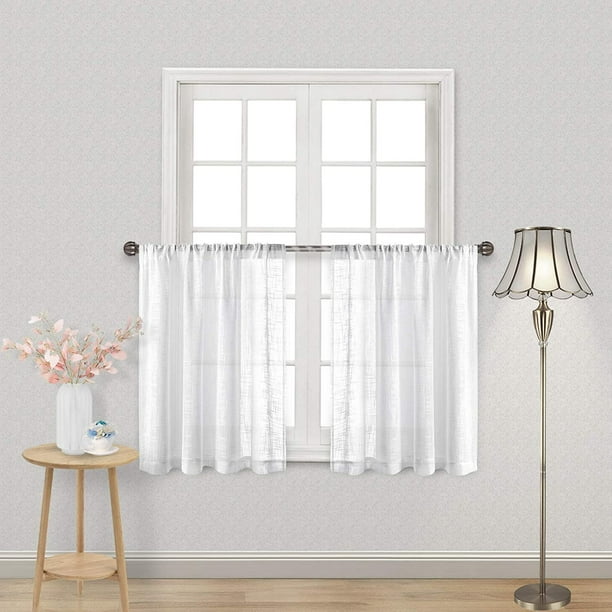 Dwcn White Sheer Tier Curtains Faux Linen Rod Pocket Semi Voile Textured Kitchen And Cafe Set Of 2 Window Curtain Panels 52 X 36 Inch Length Faux Linen Rod Pocket Semi Voile